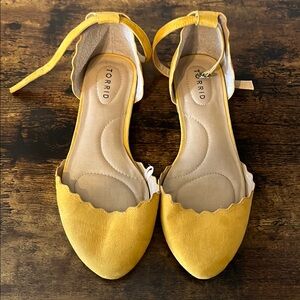 Mustard Yellow Suede Ankle Strap Scalloped Flats